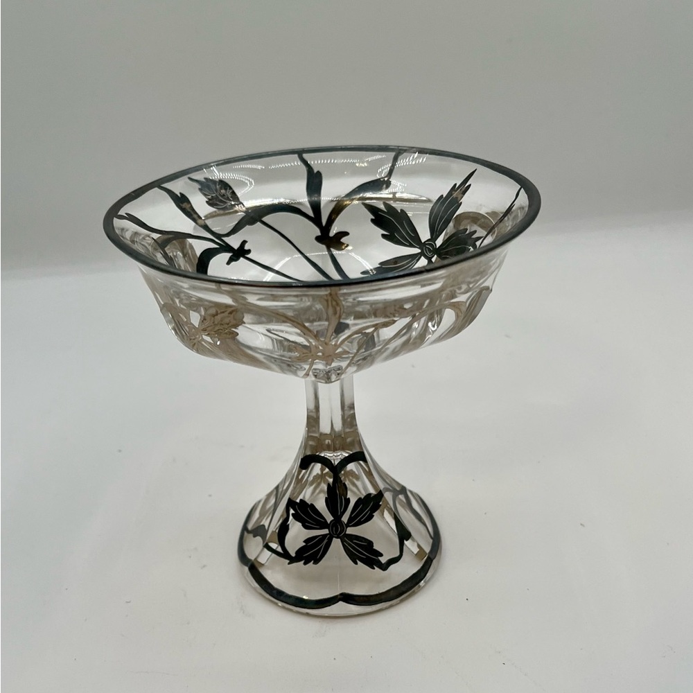 Vintage Depression Glass Silver Overlay Pedestal Candy Dish 6 Inch Tall